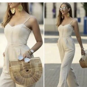 Zara Sand Rustic Linen Blend Jumpsuit Blogger Favorite